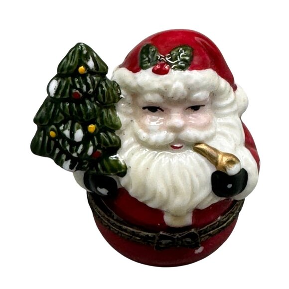 Vintage Santa Claus Trinket Box With Christmas Tree & Pipe Hand-Painted Ceramic - Picture 1 of 7